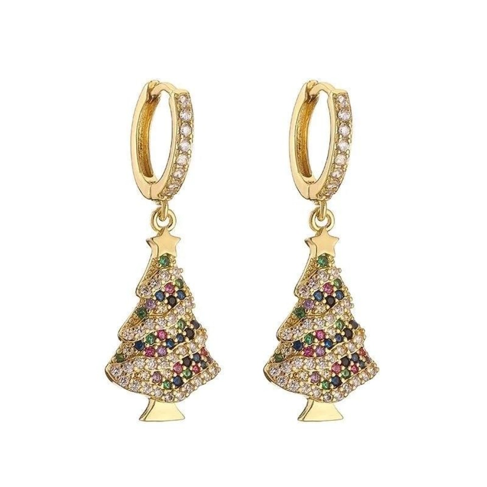 Gold Christmas Tree‎ Earrings Dangle Gemstone Huggie Hoop Women Jewelry Gift